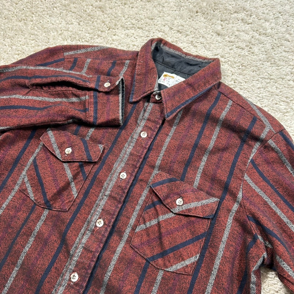 Key Imperial Shirt XL 17.5/34 Burgundy Blue Striped Flannel Workwear Made in USA